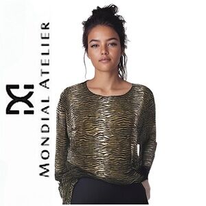 Mondial Atelier.Paris-Italy.EUC.Scoop neck long sleeve blouse.Green/Grey/Black.L